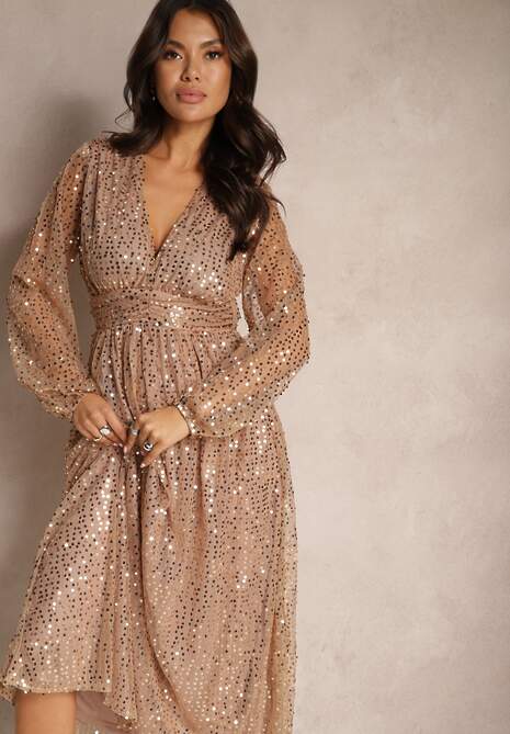 Złota Cekinowa Sukienka Kopertowa z Siateczki o Rozkloszowanym Kroju Bonissa