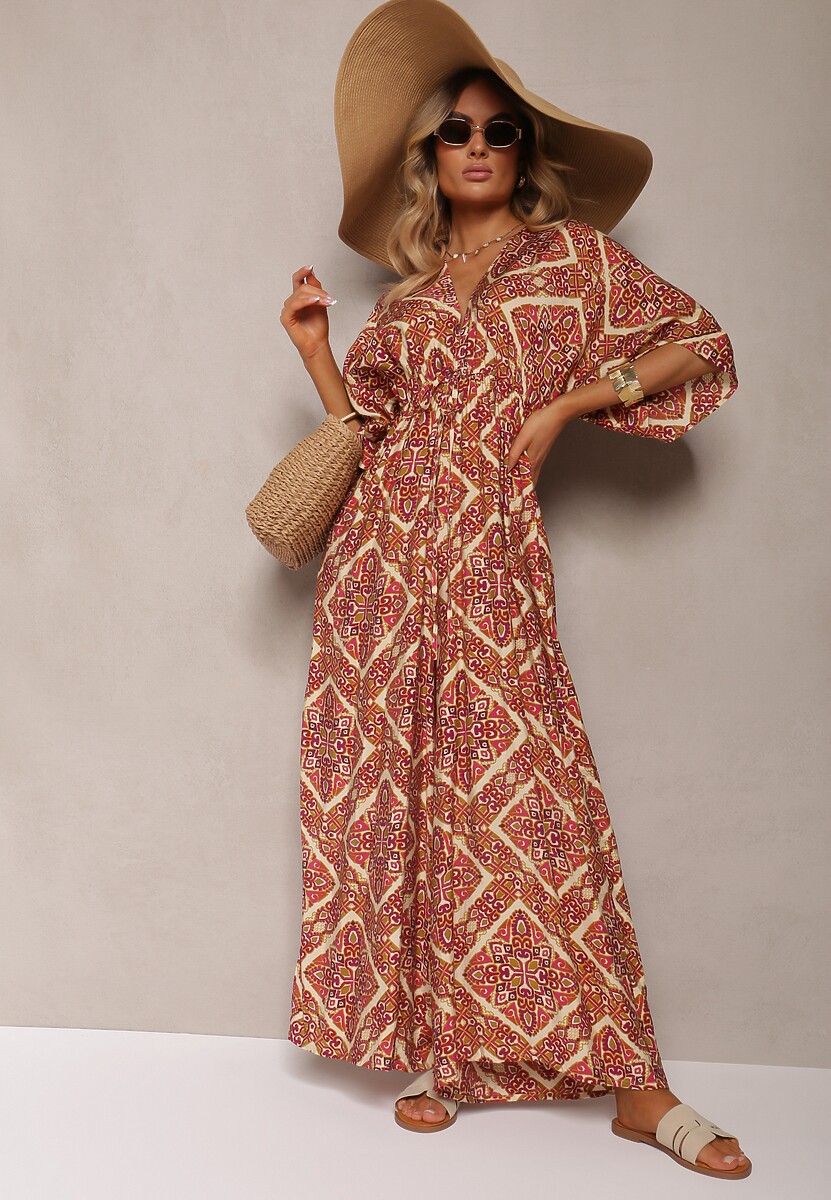 Niebieski Boho Kombinezon z Wiązaniem na Plecach z Gumką w Pasie i Długimi Nogawkami Sopolia