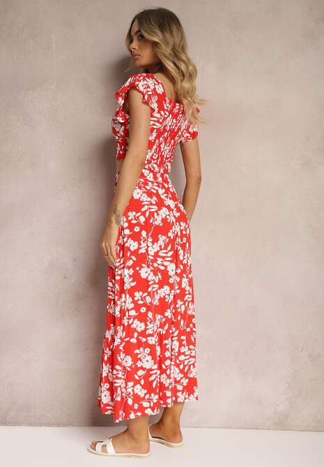 Czerwono-Biały Wiskozowy Komplet w Kwiatki z Bluzką i Rozkloszowaną Spódnicą Pienara