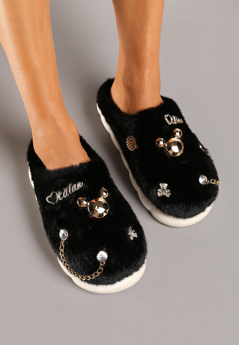 Czarne Kapcie na Płaskiej Podeszwie z Futerkiem Ozdobione Łańcuszkiem i Cyrkoniami Reanivia