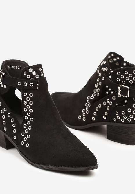 Czarne Botki Kowbojki na Słupku Ozdobione Nitami i Wycięciem Eleawena