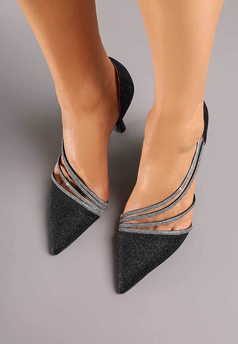 Czarne Brokatowe Szpilki z Cyrkoniowym Zdobieniem Dolerra