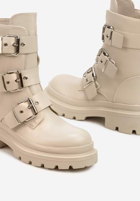 Beżowe Płaskie Botki w Stylu Biker z Paskami i Metalowymi Klamrami Valina
