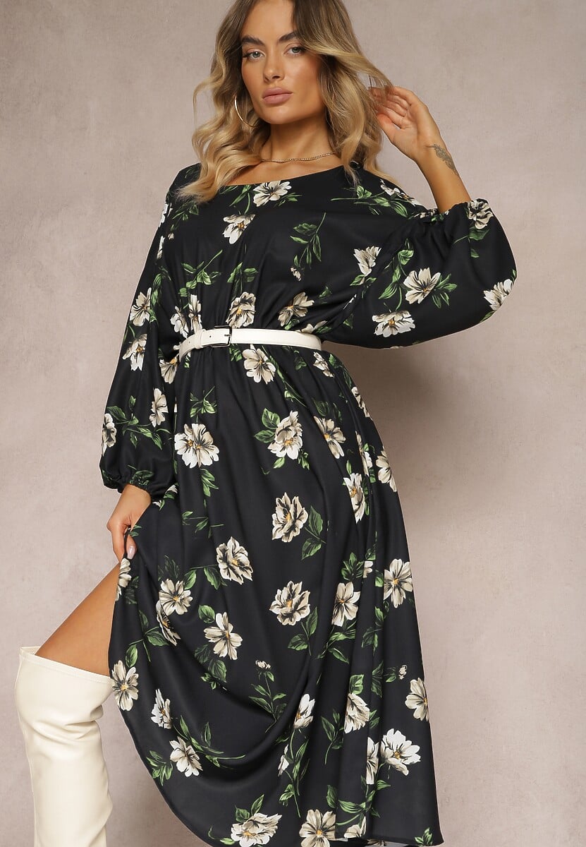 Czarno-Beżowa Midi Sukienka w Kwiaty o Rozkloszowanym Kroju z Rękawami Nietoperz Jervia