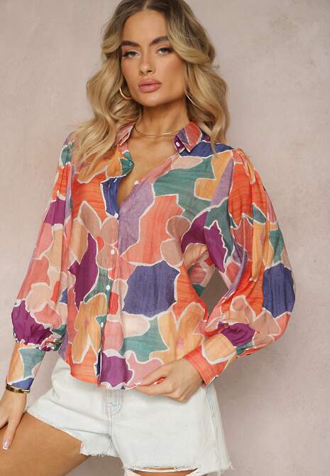 Pomarańczowo-Granatowa Koszula z Długim Rękawem i Szerokimi Mankietami Zapinana na Guziki Comenna