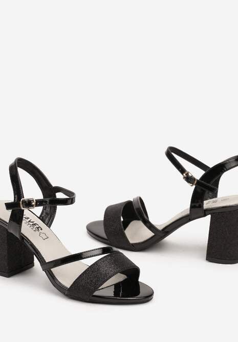 Czarne Brokatowe Sandały na Słupku ze Skórzaną Wkładką Kristinai