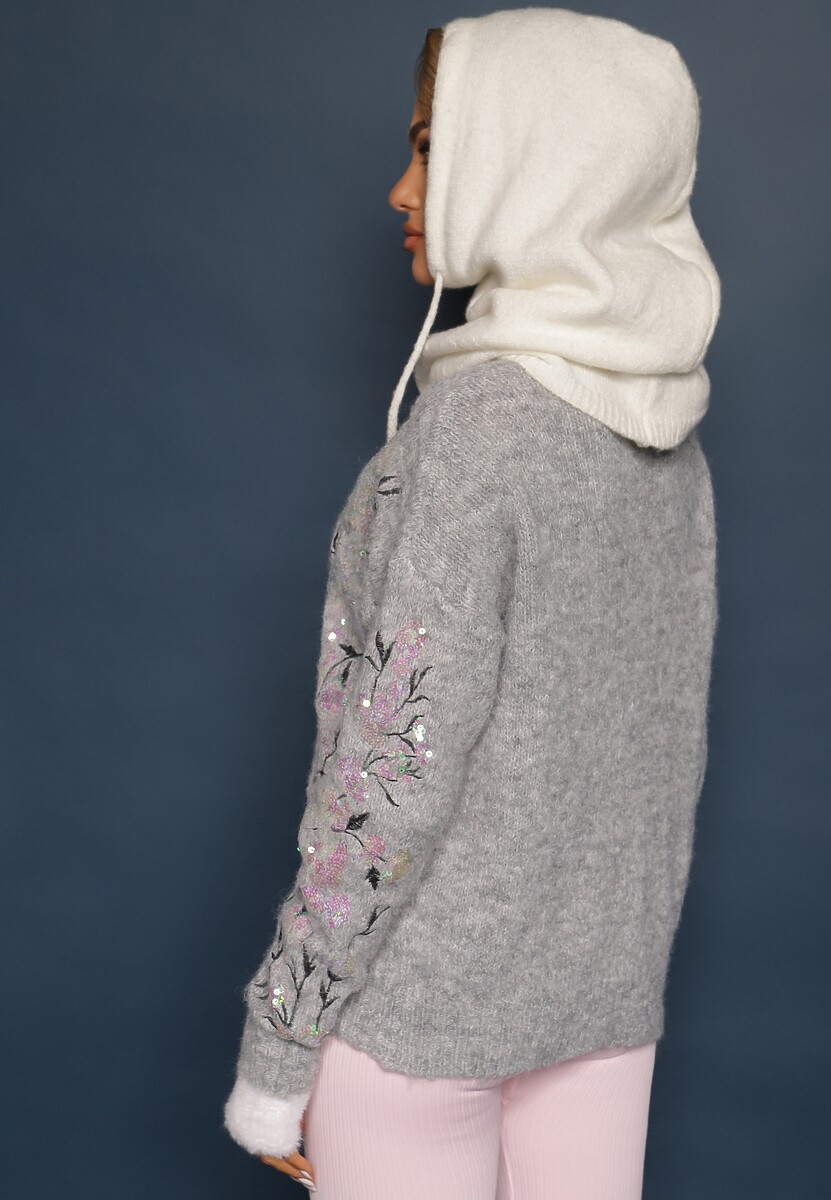 Jasnoszary Kardigan z Wełną o Klasycznym Kroju z Ozdobnym Haftem i Cekinami Isselia