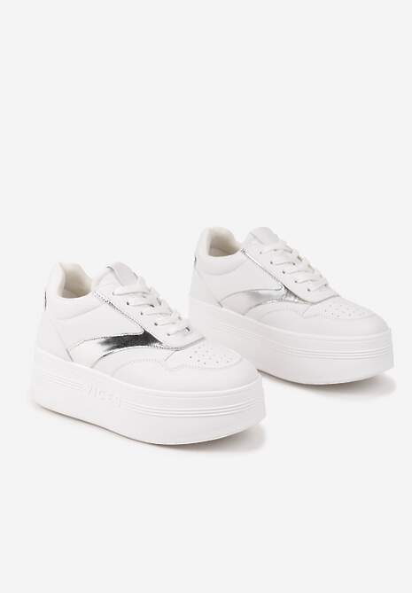 Biało-Srebrne Sznurowane Sneakersy Vices na Platformie z Metalicznymi Paskami Neliawen