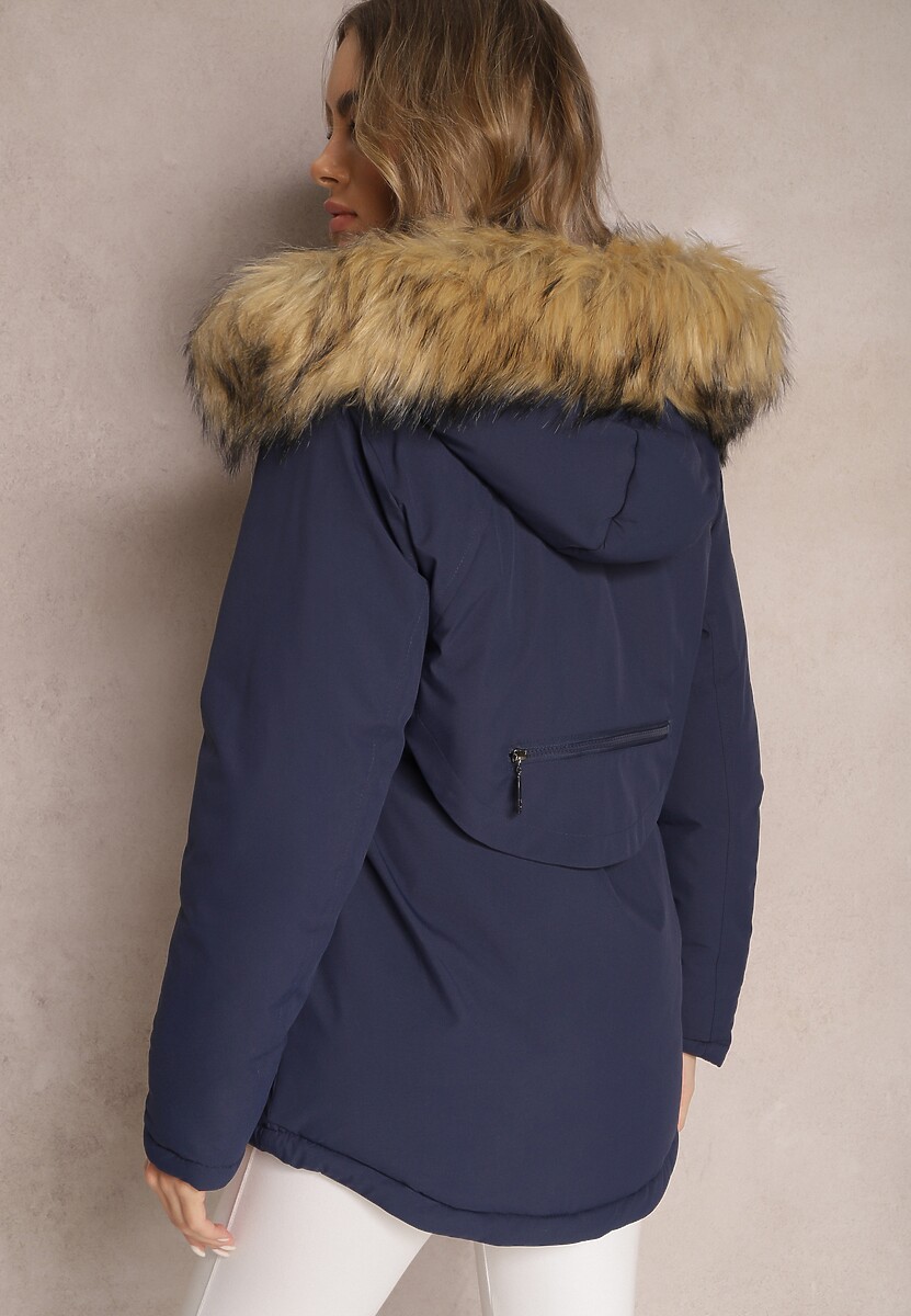 Granatowa Kurtka Parka z Odpinanym Kapturem i Futerkiem Veazee