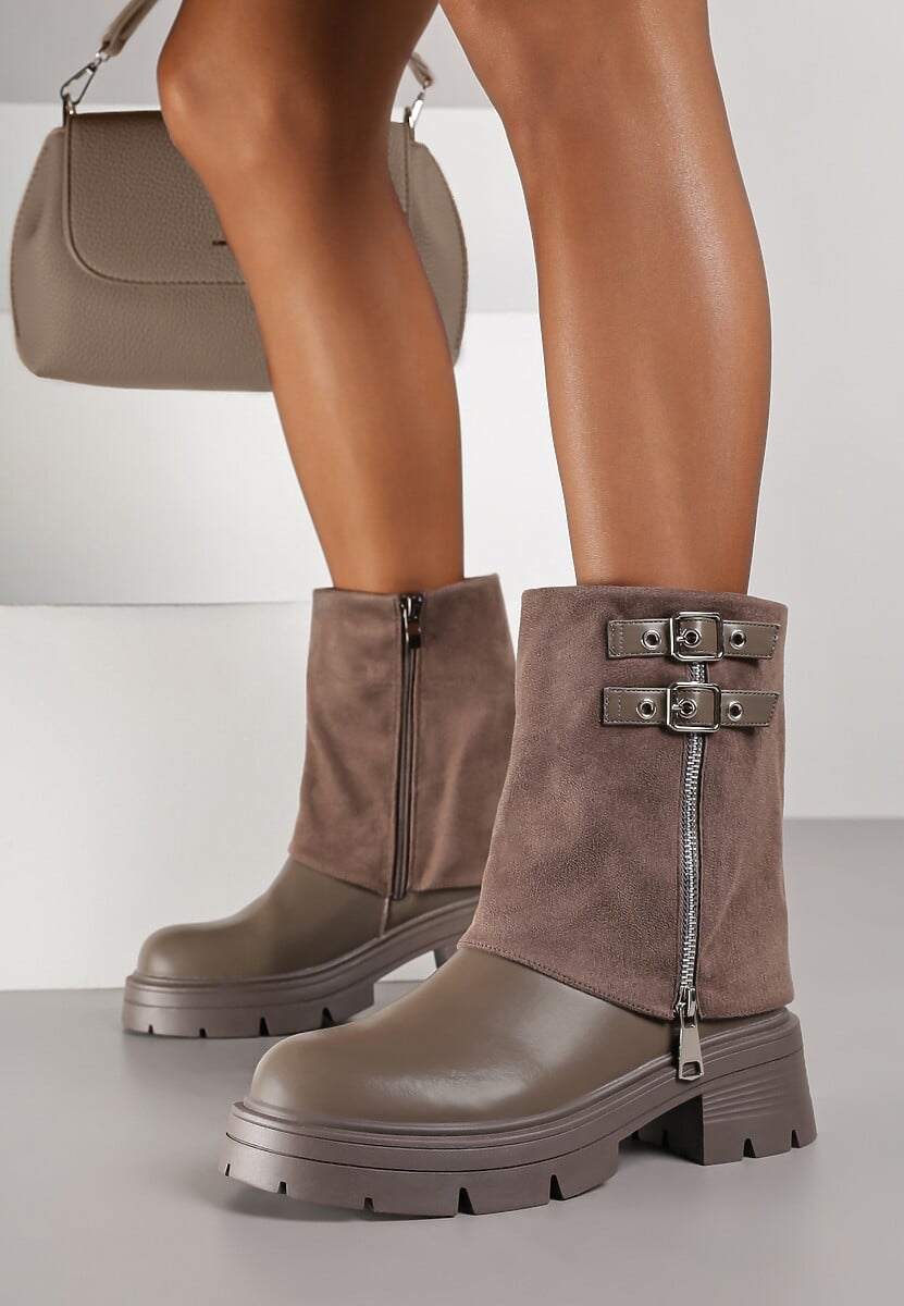 Brązowo-Szare Skórzane Botki Bikery Ozdobione z Wywiniętą Cholewką Klamrami i Suwakiem Adirrive