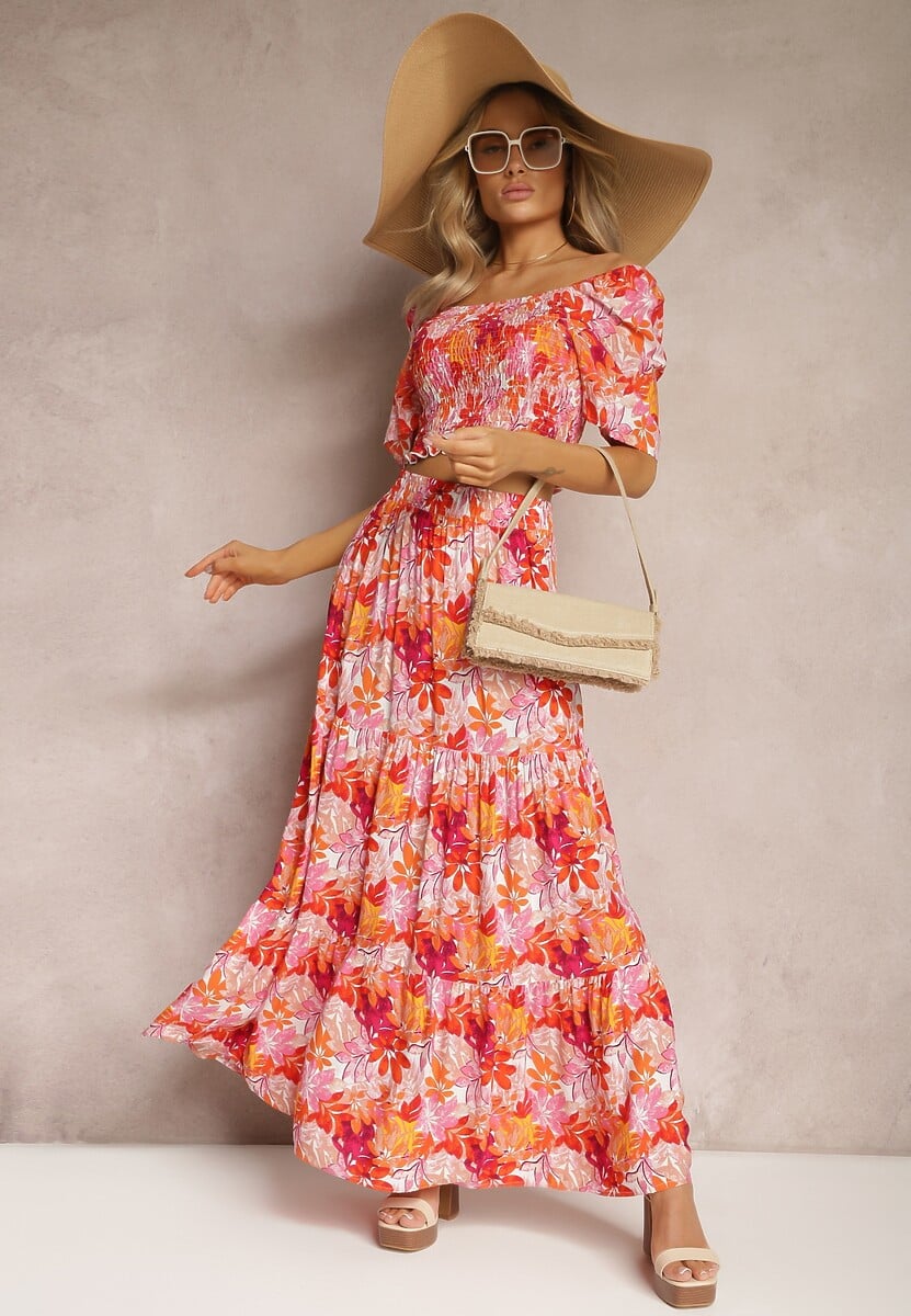 Pomarańczowy Letni Komplet na Lato z Topem i Długą Spódnicą Zepilra