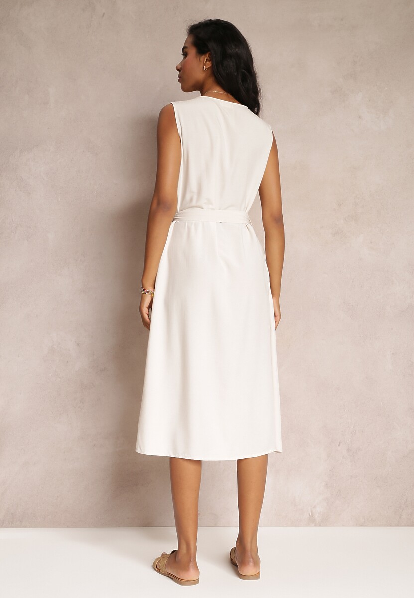 Beżowa Trapezowa Sukienka Midi bez Rękawów z Wiązanym Paskiem Ajana