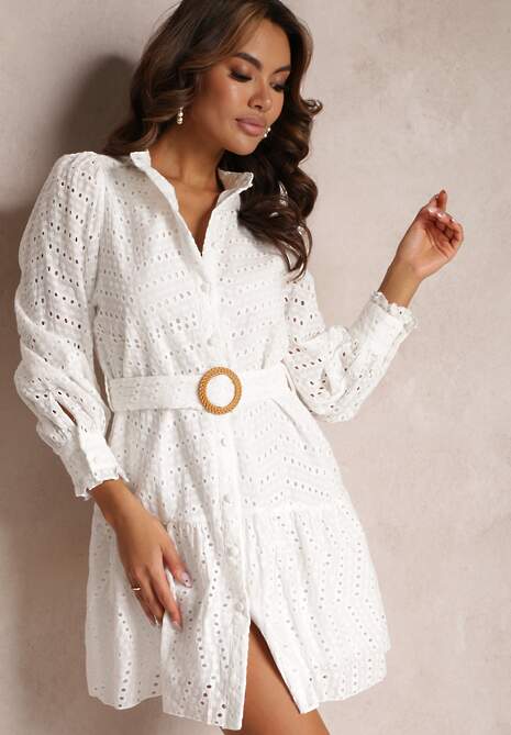Biała Bawełniana Sukienka Koszulowa z Paskiem i Haftem z Drobnymi Wycięciami Clea