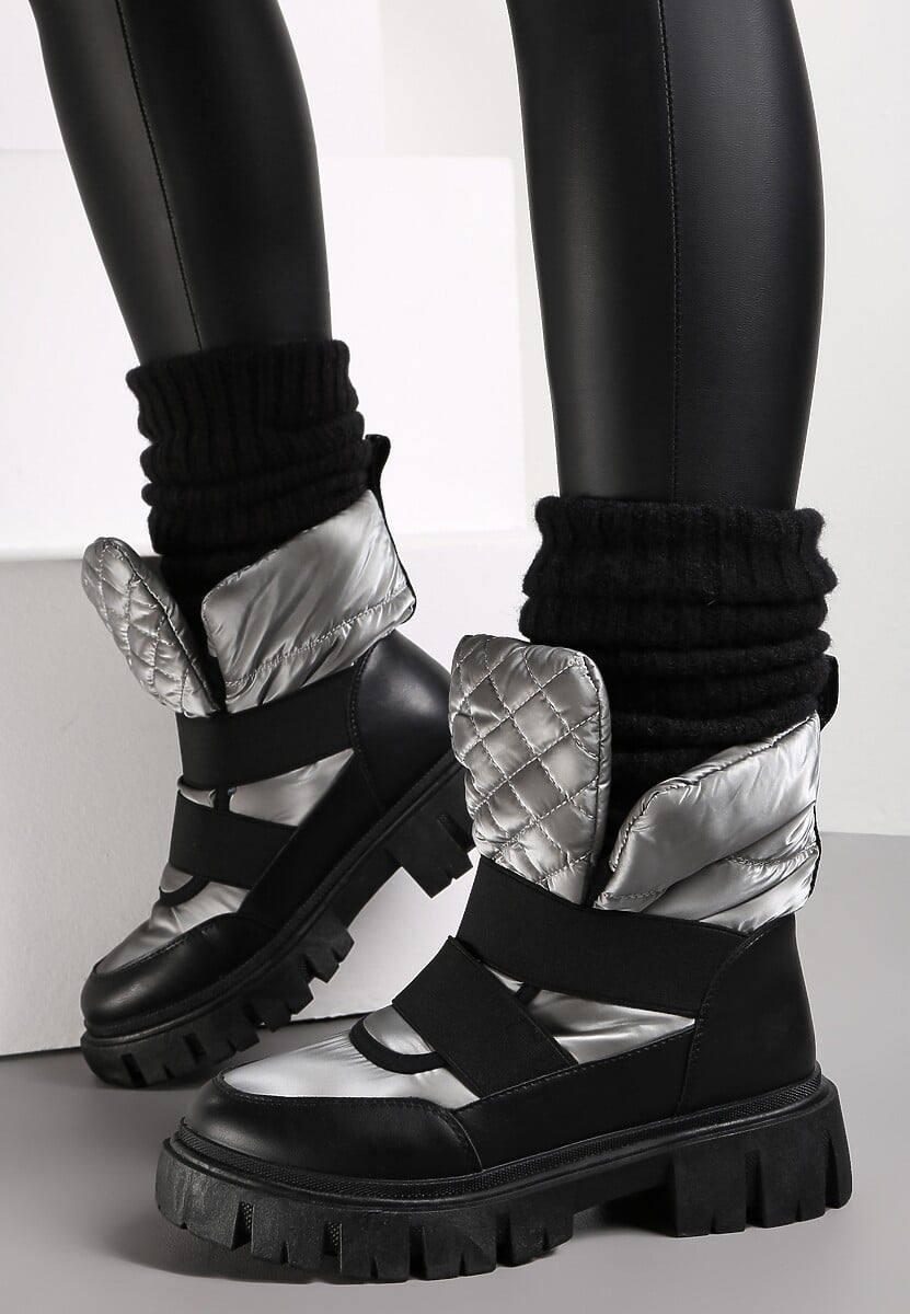 Czarno-Srebrne Śniegowce Wsuwane Pikowane Arjis