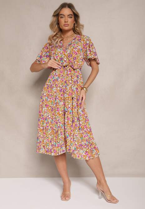 Żółta Sukienka z Plisami w Kwiecisty Print o Rozkloszowanym Kroju Lanelin