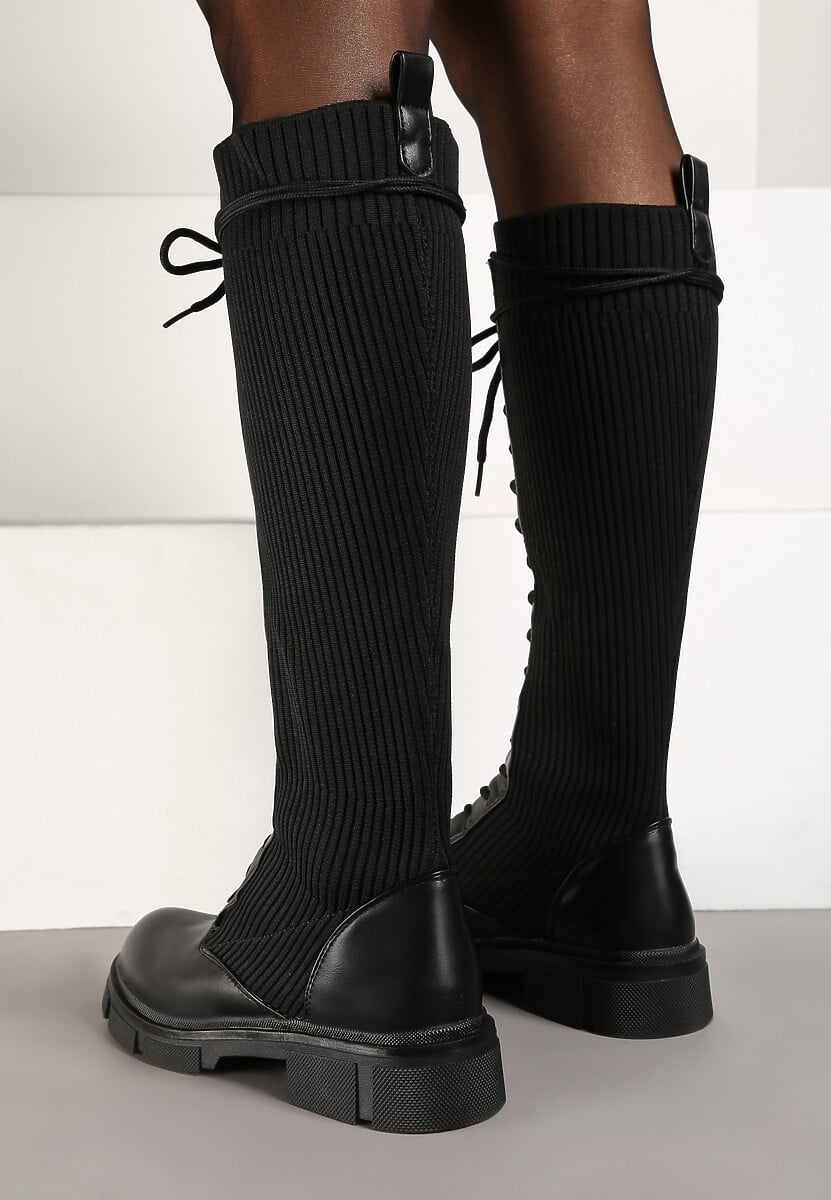 Czarne Płaskie Kozaki ze Skarpetową Cholewką i Sznurowaniem Sannirael