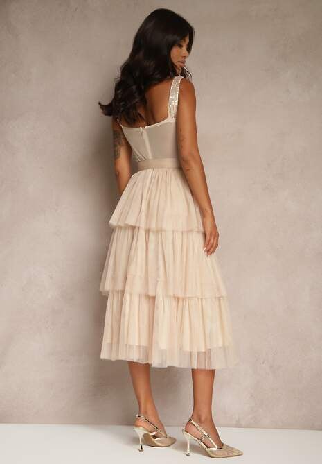 Beżowa Koktajlowa Sukienka na Ramiączkach Ozdobiona Cekinami Falbanami i Kokardą Inalisa