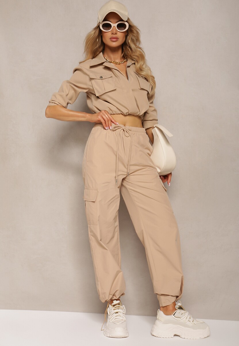 Zielone Bojówki Spodnie z Gumką w Pasie z Szerokimi Nogawkami ze Ściągaczami Nellava