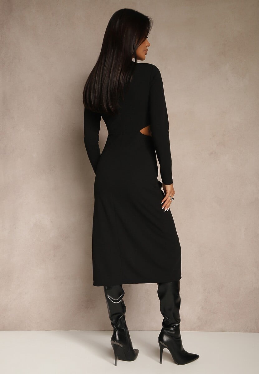 Czarna Koktajlowa Sukienka Midi Ozdobiona Rozcięciem na Dole i Wycięciami w Talii Aletines