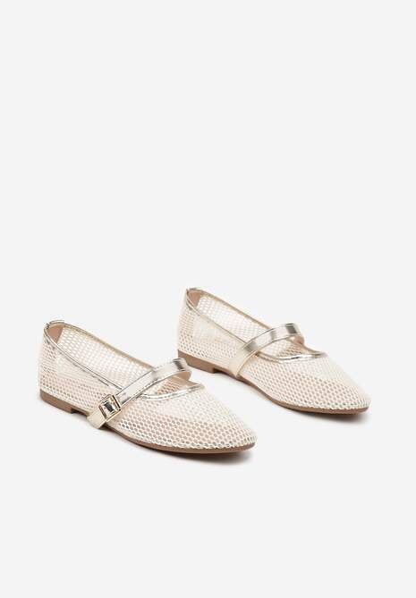 Złote Balerinki z Drobnej Siateczki z Paskiem Soldexia