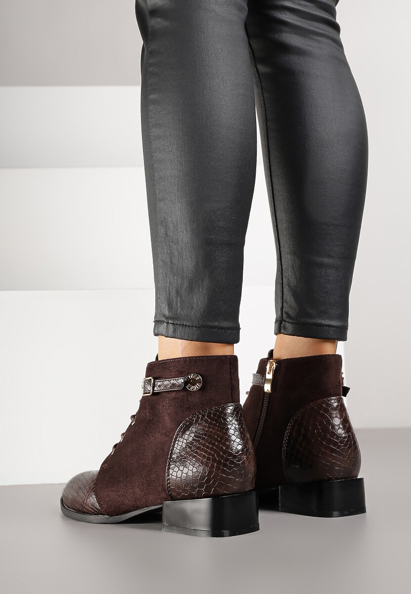 Brązowe Botki Vices ze Wstawkami Imitującymi Skórę Węża i Sprzączką Gelrina