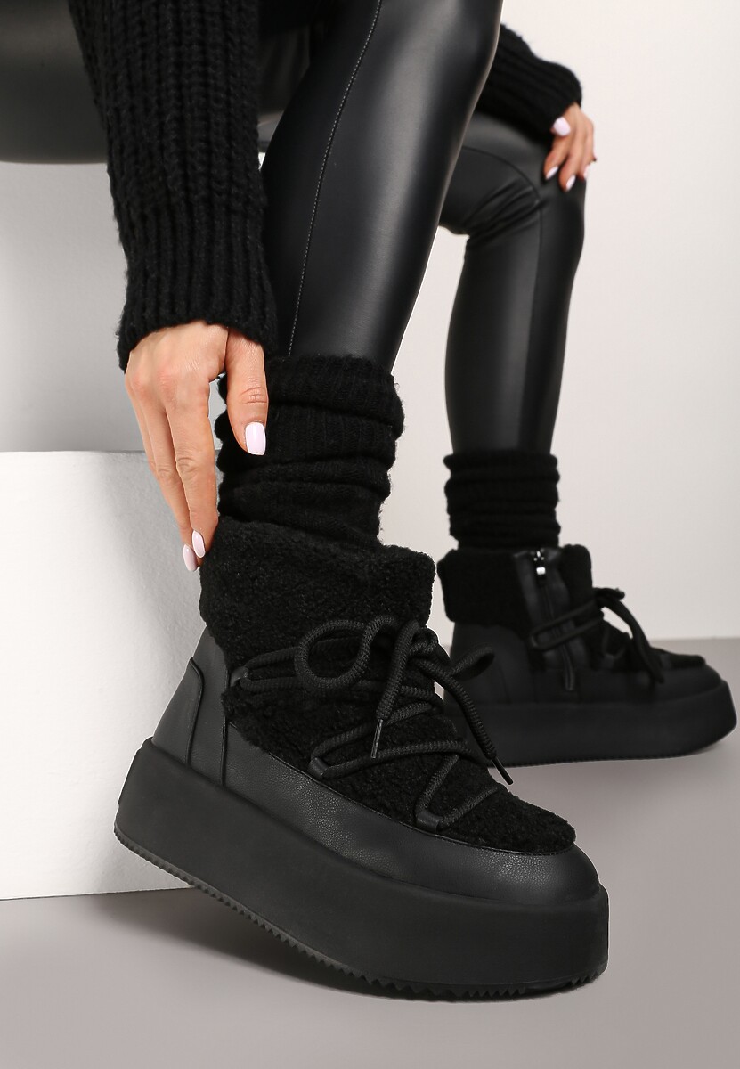 Czarne Sznurowanie Śniegowce na Platformie Ozdobione Futerkiem w Stylu Baranka Miaviera