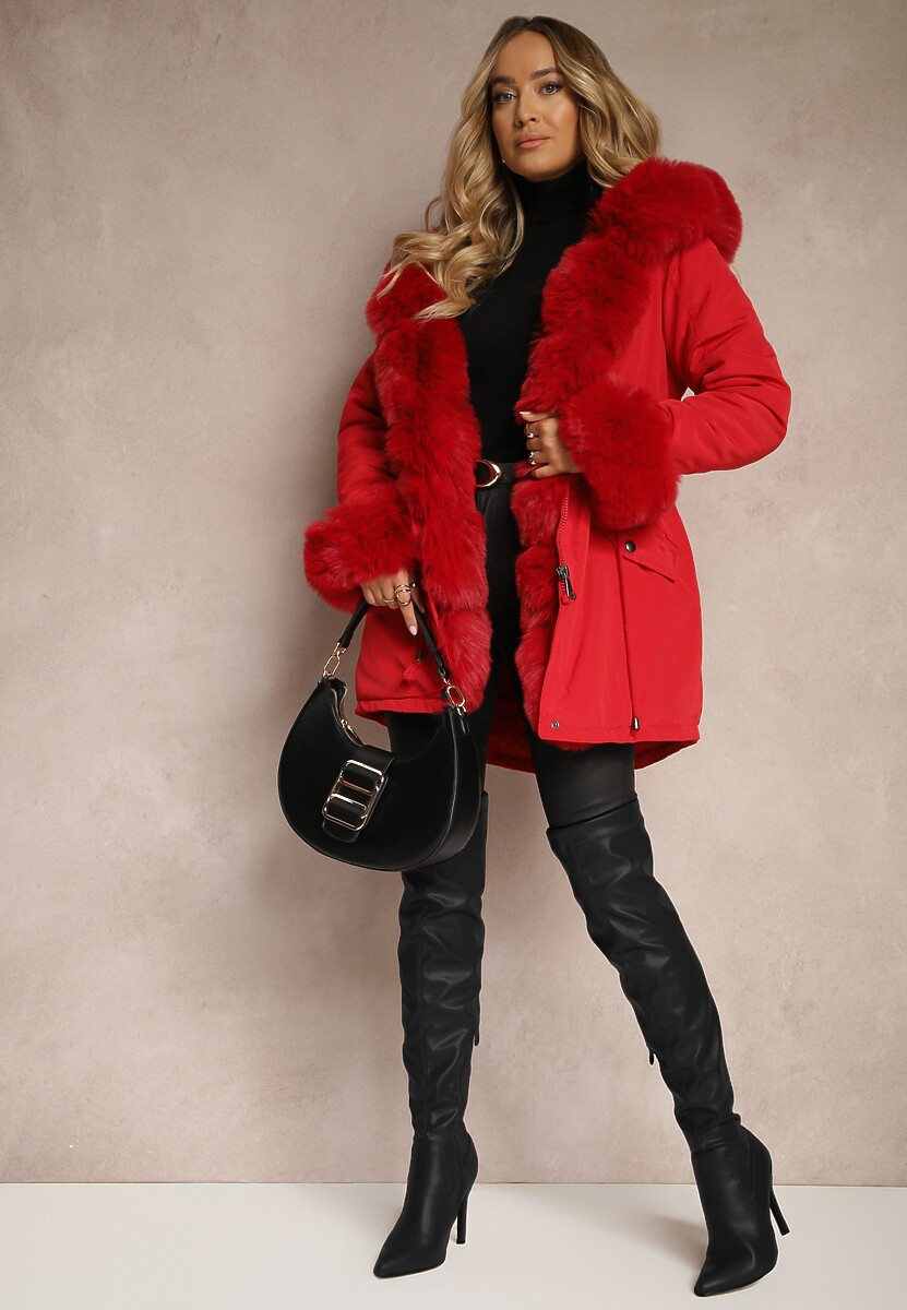 Czerwona Kurtka Parka z Futerkiem i Szerokim Kapturem Florion