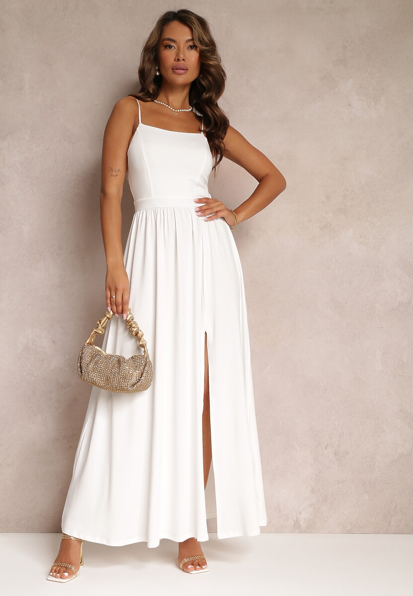 Czarna Rozkloszowana Sukienka Maxi na Cienkich Ramiączkach z Rozporkiem Weslyn