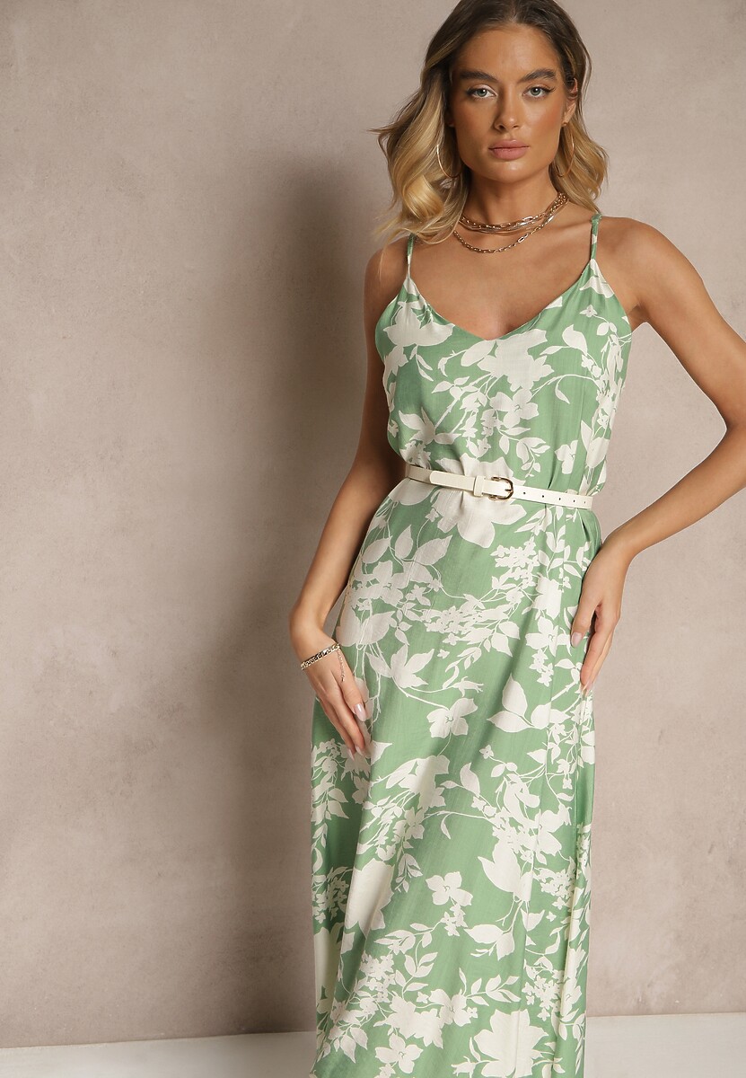Zielono-Kremowa Sukienka z Wiskozą o Rozkloszowanym Kroju w Kwiaty Thirimi