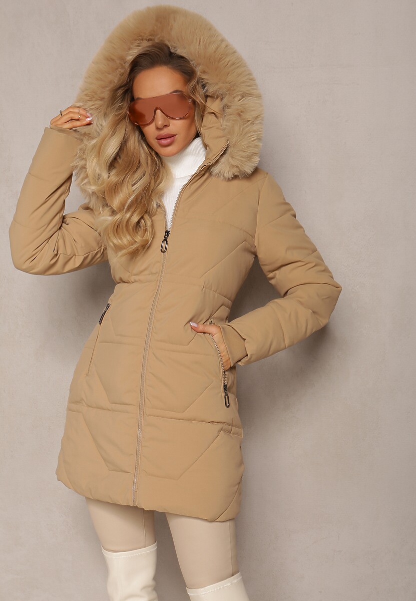 Ciemnobeżowa Pikowana Kurtka z Kapturem i Ozdobnym Futerkiem Zepiola