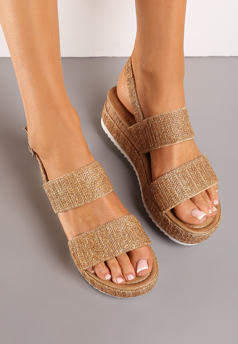 Ciemnobeżowe Sandały na Platformie z Koturnie z Ozdobną Plecionką i Sprzączką Meepora