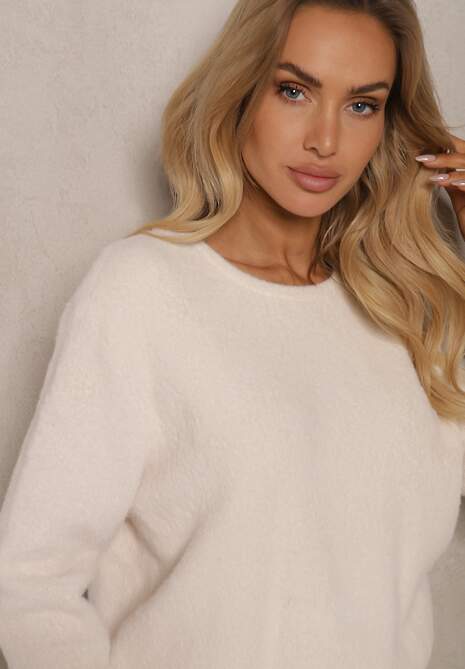 Beżowy Casualowy Sweter z Dodatkiem Kaszmiru Salielis