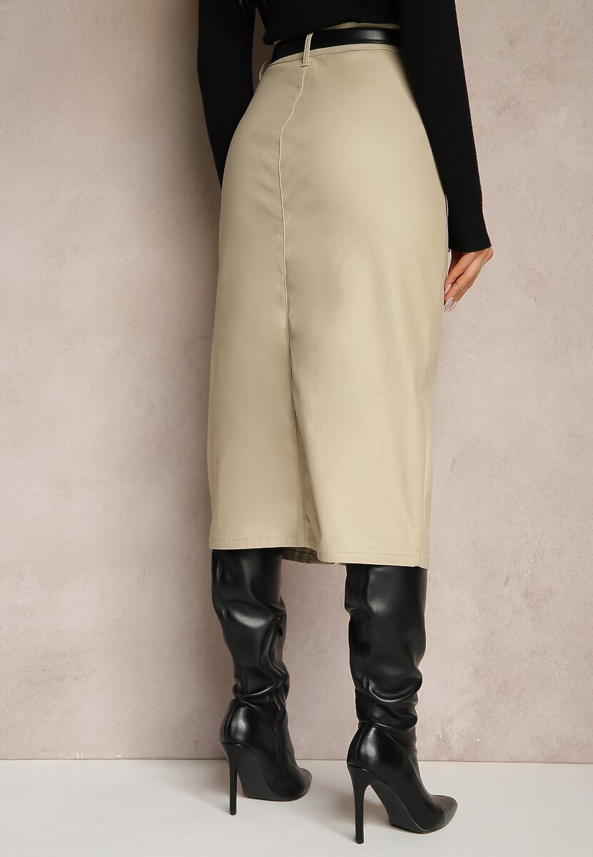 Jasnobeżowa Spódnica z Ekoskóry High Waist z Rozcięciem i Napami z Przodu Asttia