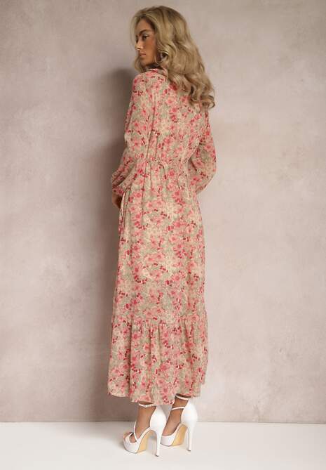 Beżowo-Różowa Sukienka Rozkloszowana w Kwiaty z Gumką w Pasie Bledareta