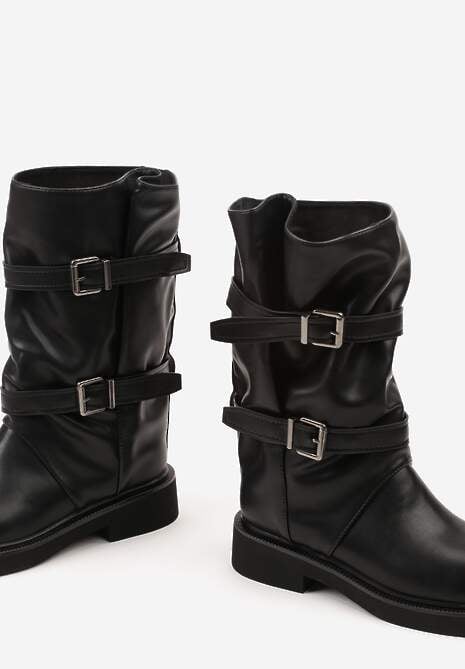 Czarne Botki Biker Boots z Marszczoną Cholewką i Paskami ze Sprzączkami Sinesa