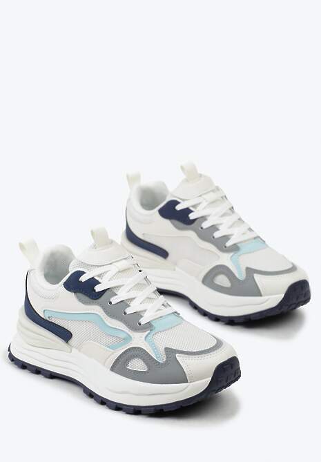 Beżowo-Granatowe Sneakersy na Niskiej Platformie z Siateczką z Ozdobnymi Wstawkami Lelphine