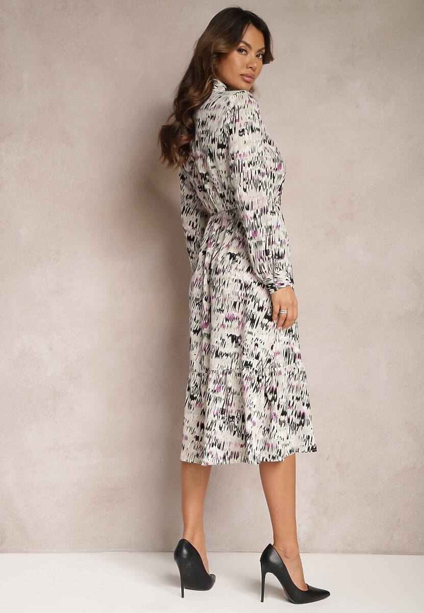 Ciemnobeżowa Rozkloszowana Sukienka Midi z Falbanką i Gumką w Talii Viglira