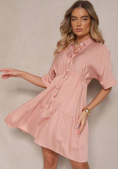 Różowa Wiskozowa Sukienka o Koszulowym Kroju z Wiązaniem w Talii Nanovias