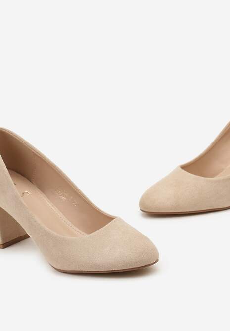 Beżowe Czółenka z Imitacji Zamszu z Metaliczną Wstawką na Obcasie Maerys