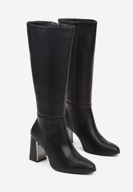 Czarne Kozaki VICES do Kolana ze Skóry Naturalnej na Metalicznym Słupku Zenilla