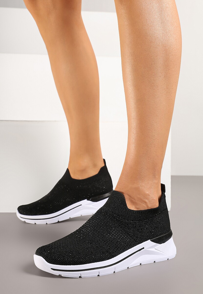 Czarne Buty Sportowe z Cholewką przed Kostkę z Miękkiego Materiału Ozdobione Cyrkoniami Telianisa