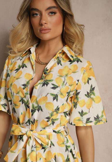 Beżowa Rozkloszowana Sukienka Koszulowa z Wiązanym Paskiem i Krótkim Rękawem Lavialane