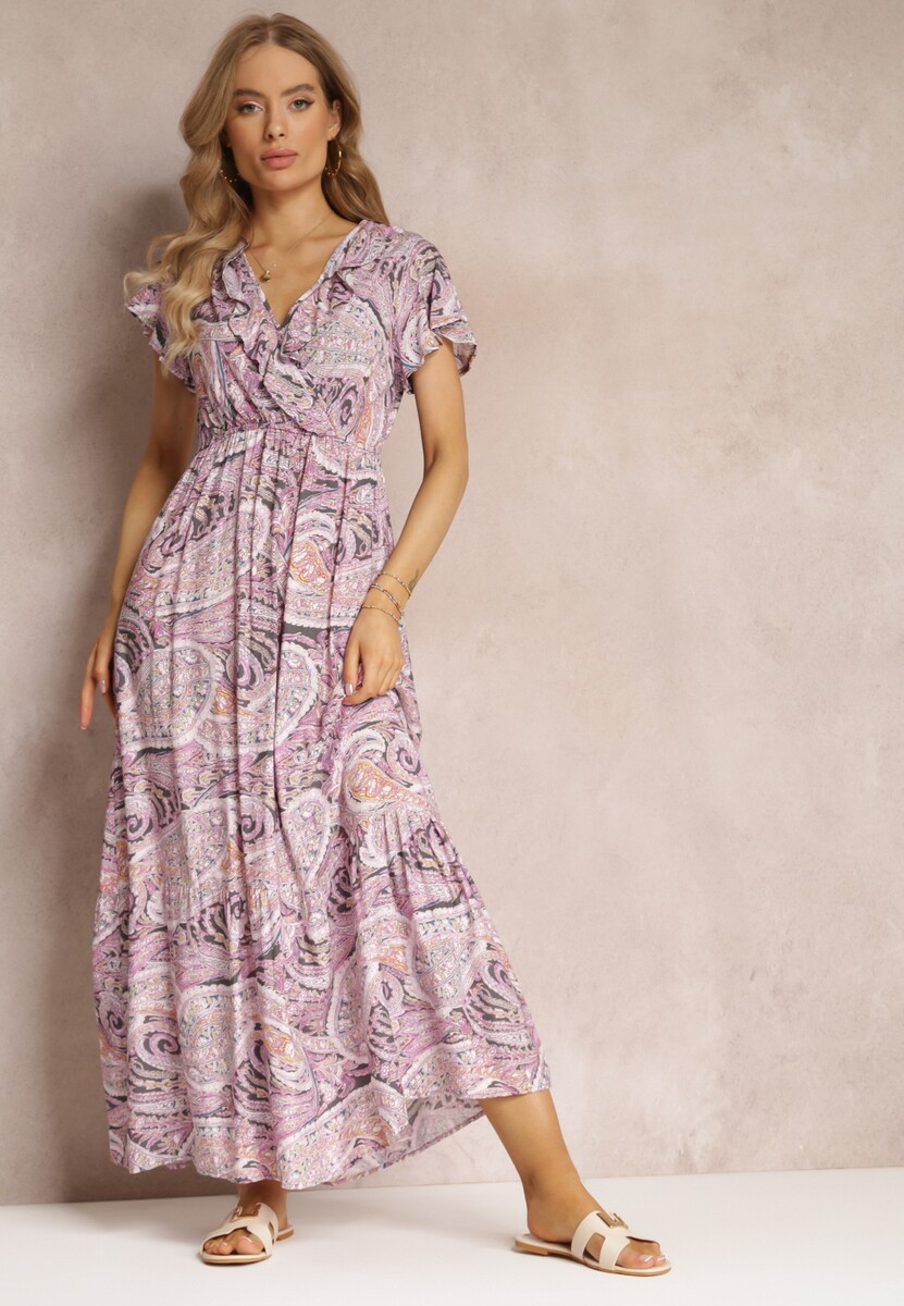 Fioletowa Wiskozowa Sukienka z Gumką w Pasie i Kopertowym Dekoltem  Asima