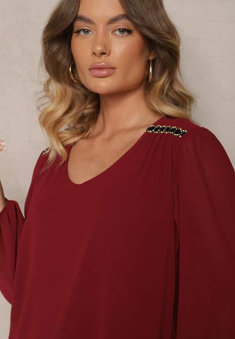 Bordowa Sukienka z Wiskozą z Bufiastymi Rękawami i Falbanką u Dołu z Siateczki Ilita