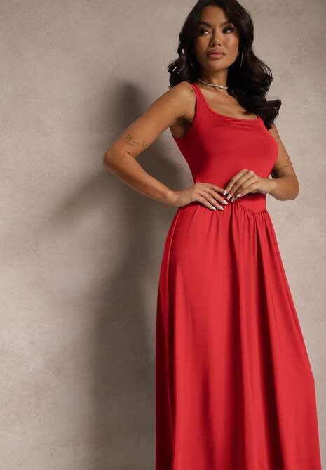 Czerwona Rozkloszowana Sukienka z Wiskozą i Kwadratowym Dekoltem Ravvia