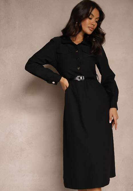 Czarna Koszulowa Sukienka z Ozdobnym Paskiem i Rozcięciami Ciarira