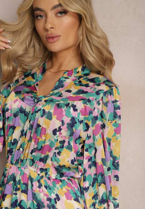 Fioletowo-Zielona Kolorowa Sukienka Mini o Rozkloszowanym Fasonie z Falbanką Gialuna