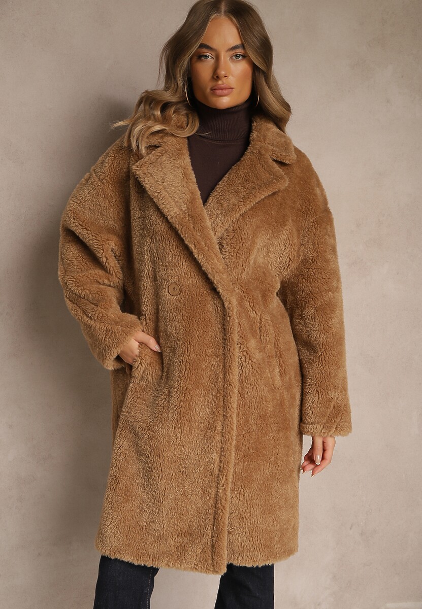 Brązowy Płaszcz Teddy o Dwurzędowym Kroju Oversize Azzena