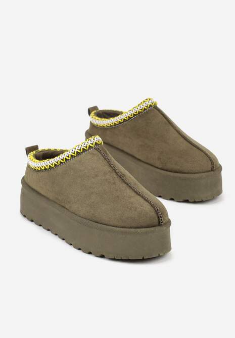 Zielone Śniegowce na Platformie z Niską Cholewką i Haftowanym Wzorem Zivilae