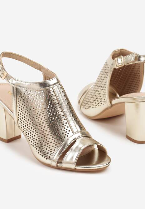 Złote Sandały Vices na Słupku z Ażurową Cholewką i Skórzaną Wkładką Saramiae